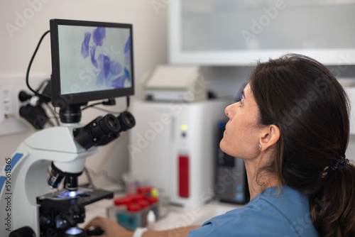 veterinarian viewing image on the digital display of the microscope.