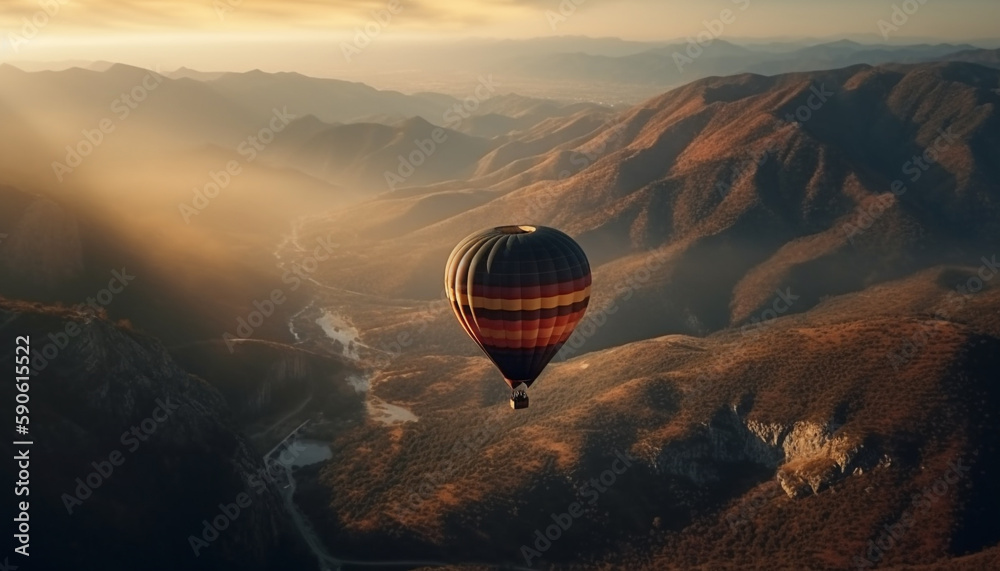 Flying hot air balloon above mountain range generated by AI