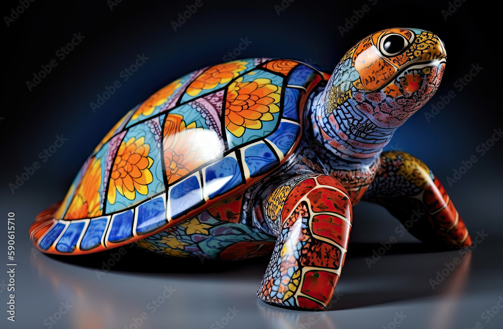 Fototapeta premium colourful sculpture of a turtle, tortoise. Generative AI image.