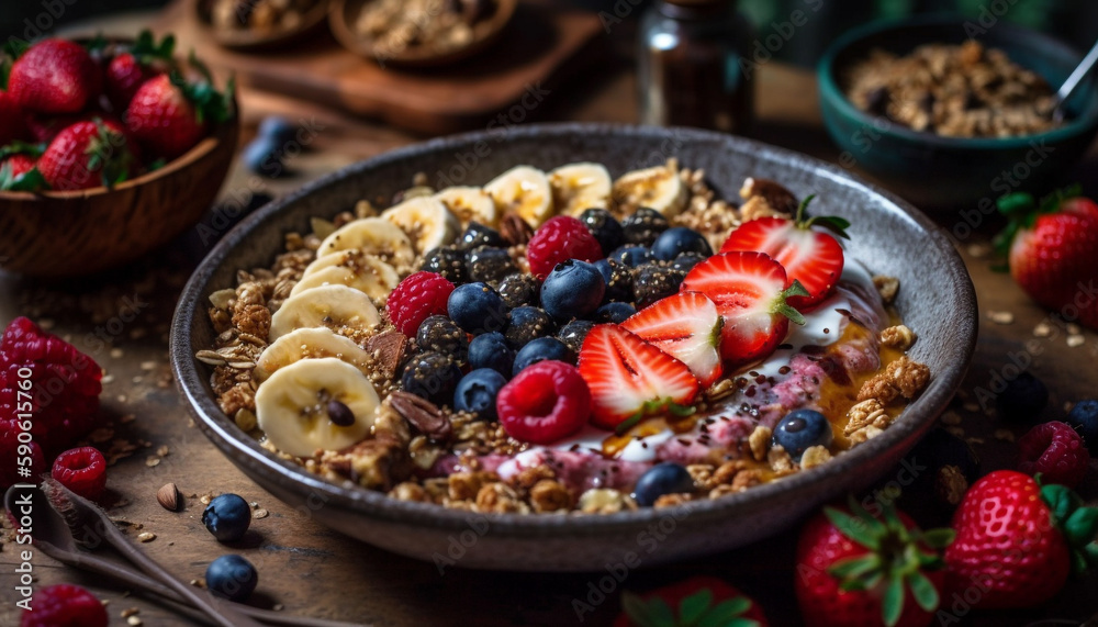Fresh berry bowl with granola and yogurt generated by AI Fresh berry bowl with granola and yogurt generated by AI