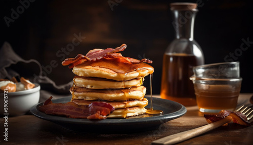 Stacks of homemade pancakes on rustic wood table generated by AI