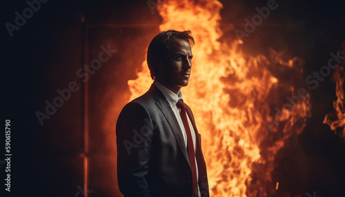 Confident businessman standing amidst burning natural phenomenon generated by AI