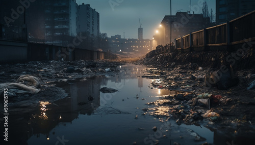 Illuminated skyscrapers reflect on wet city streets generated by AI