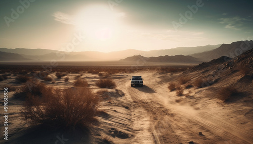 Off road vehicle speeds through dust covered mountain range generated by AI