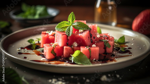 Refreshing Watermelon Feta Salad with Mint and Balsamic Glaze on White Ceramic Plate.