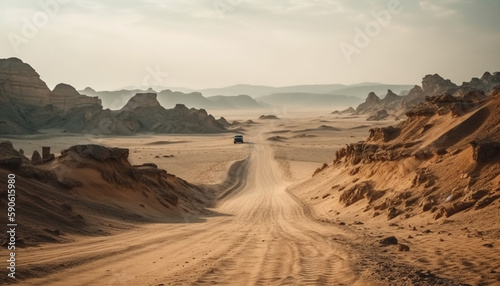 Off road vehicle speeds through African sand dunes generated by AI