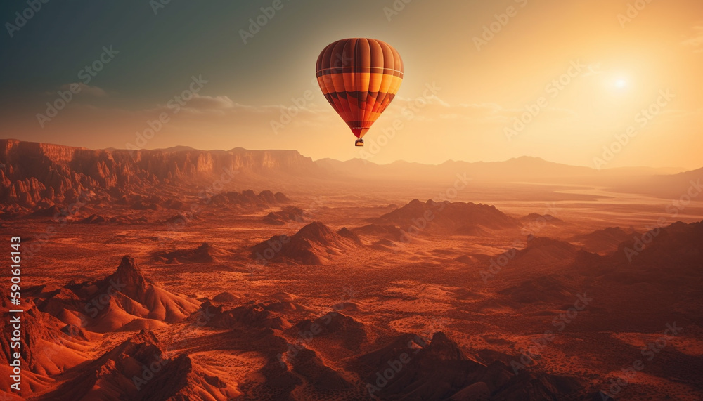 Flying hot air balloon above mountain landscape generated by AI