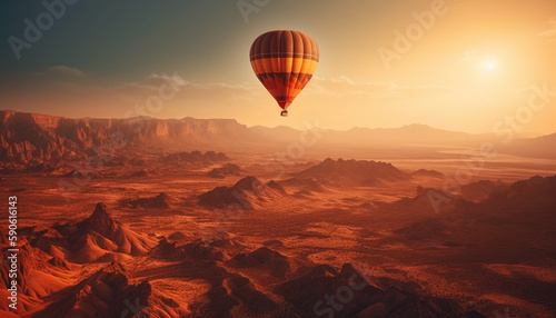 Flying hot air balloon above mountain landscape generated by AI
