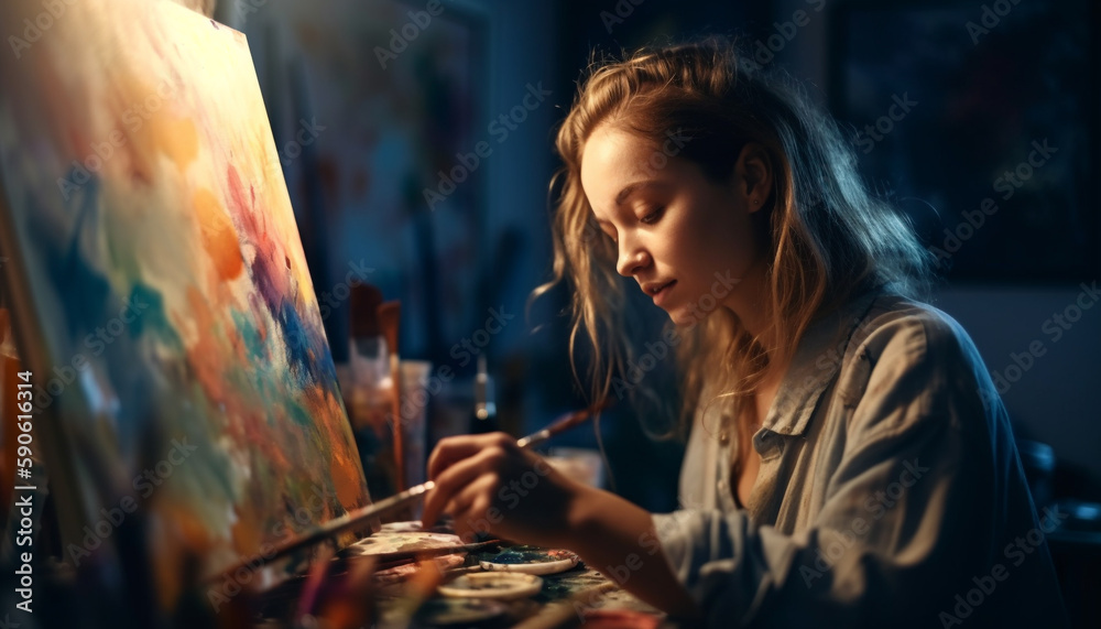 Caucasian child paints colorful canvas in classroom generated by AI Caucasian child paints colorful canvas in classroom generated by AI