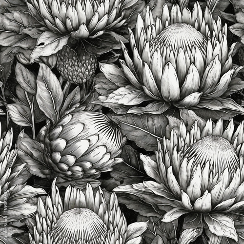 Exotic seamless pattern with protea flowers sketching style. Botanical illustration. Pattern for design wallpapers, fabric, wrapping paper, clothes