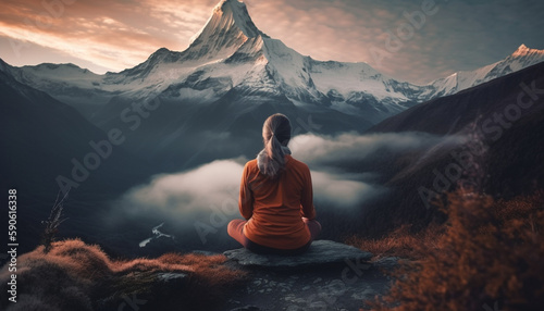 Meditating on mountain peak, surrounded by nature generated by AI