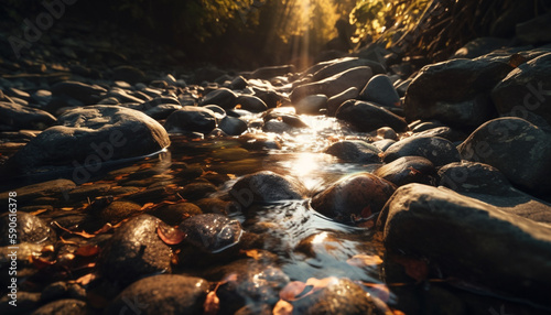 Tranquil forest stream flows beneath sunset sky generated by AI