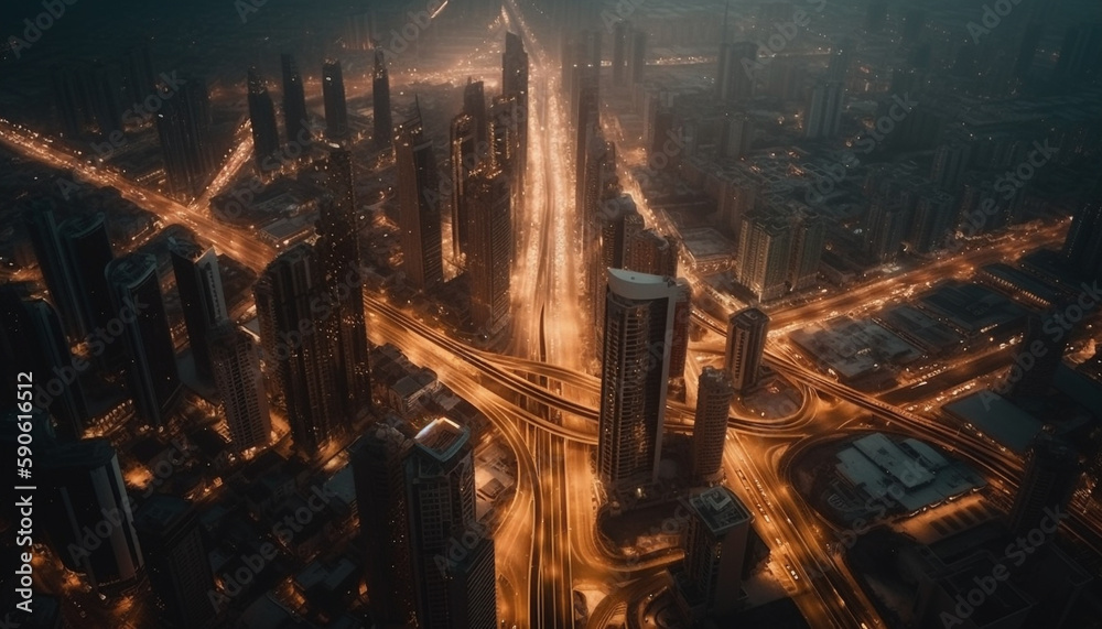 Illuminated skyscrapers light up Dubai futuristic skyline generated by AI