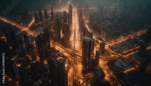Illuminated skyscrapers light up Dubai futuristic skyline generated by AI