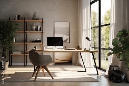 sleek and minimalist home office setup with a sleek desk, ergonomic chair, minimalist decor, and ample natural light, offering a functional and aesthetic workspace - Generative AI