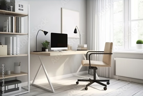 sleek and minimalist home office setup with a sleek desk, ergonomic chair, minimalist decor, and ample natural light, offering a functional and aesthetic workspace - Generative AI © Hanjin