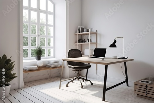 sleek and minimalist home office setup with a sleek desk  ergonomic chair  minimalist decor  and ample natural light  offering a functional and aesthetic workspace - Generative AI