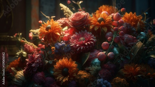 Background and assorted flowers, summer buet from a florist. Created with AI. photo