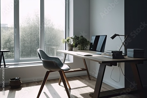 sleek and minimalist home office setup with a sleek desk, ergonomic chair, minimalist decor, and ample natural light, offering a functional and aesthetic workspace - Generative AI