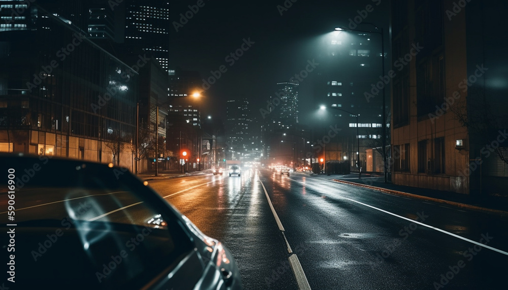 Rainy city streets at night, blurred motion generated by AI