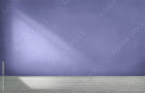 Home interior. Empty room, wooden floor, Purple color painted wall and Texture, banner. 3d illustration. Empty room with sunlight from the window. 3d background or interior. Copy space.