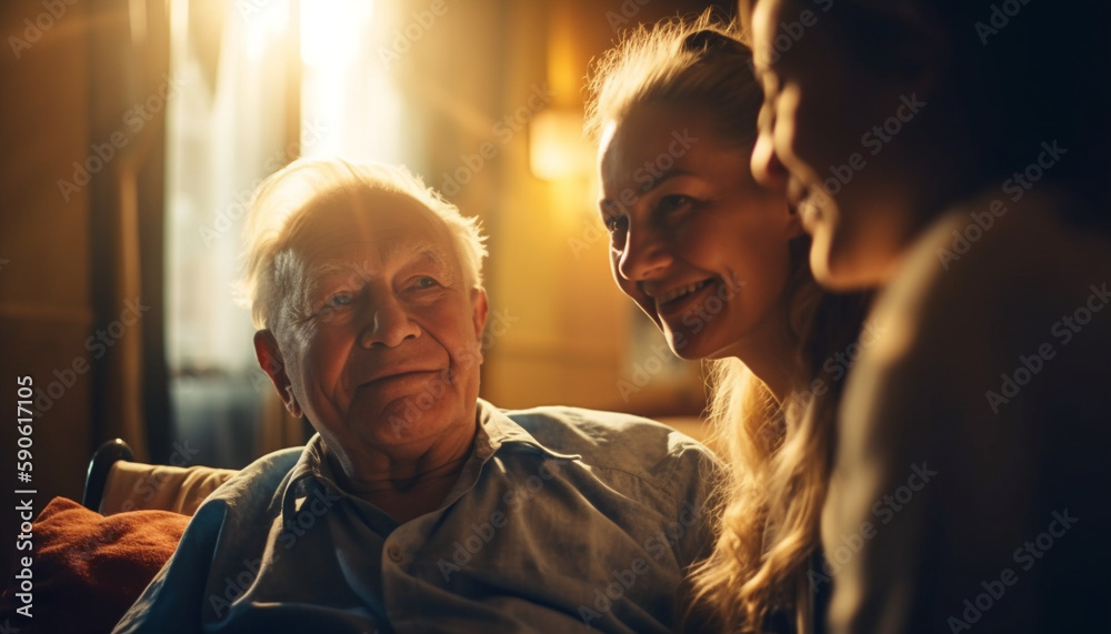 Senior adults embracing, smiling in sunlight outdoors generated by AI