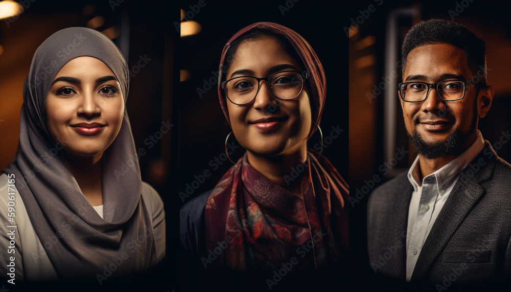 Multi ethnic group of professionals smiling indoors generated by AI Multi ethnic group of professionals smiling indoors generated by AI