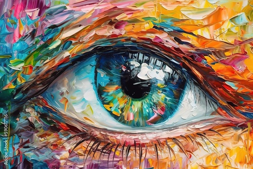 “Fluorite” - oil painting. Conceptual abstract picture of the eye. Oil painting in colorful colors. Conceptual abstract closeup of an oil painting and palette knife on canvas. , Generative AI