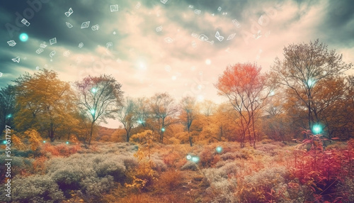 Vibrant autumn forest leaves create serene beauty generated by AI