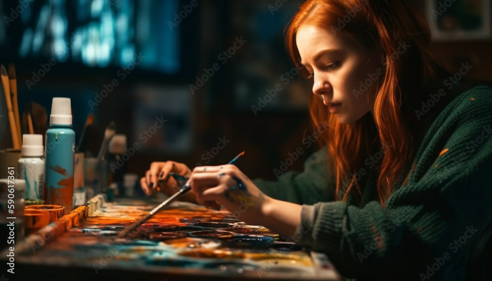 Young adult woman smiling while painting indoors generated by AI