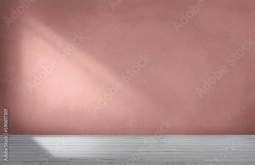 Home interior. Empty room, wooden floor, Pink color painted wall and Texture, banner. 3d illustration. Empty room with sunlight from the window. 3d background or interior. Copy space.