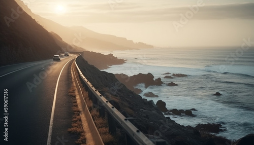 Driving towards sunset on big sur coastline generated by AI