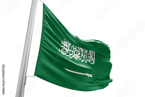 Saudi Arabia national flag cloth fabric waving on beautiful white Background.