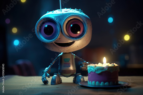 Cute robot with a birthday cake on a yellow background. Toy congratulates the child. Generative AI