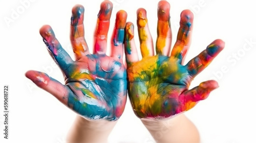 colorful painting child hand on isolated white background
