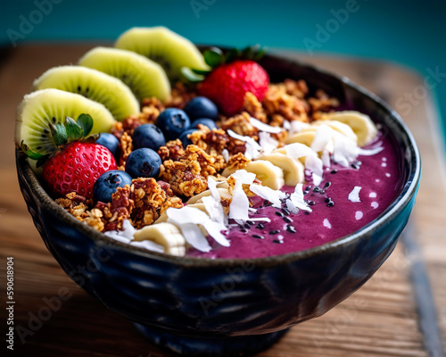 Colorful acai bowl filled with blended acai berries, banana, and topped with granola, coconut flakes, and fresh fruit.