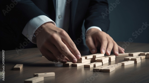 Businesswoman hand stopping the domino wooden effect concept for business