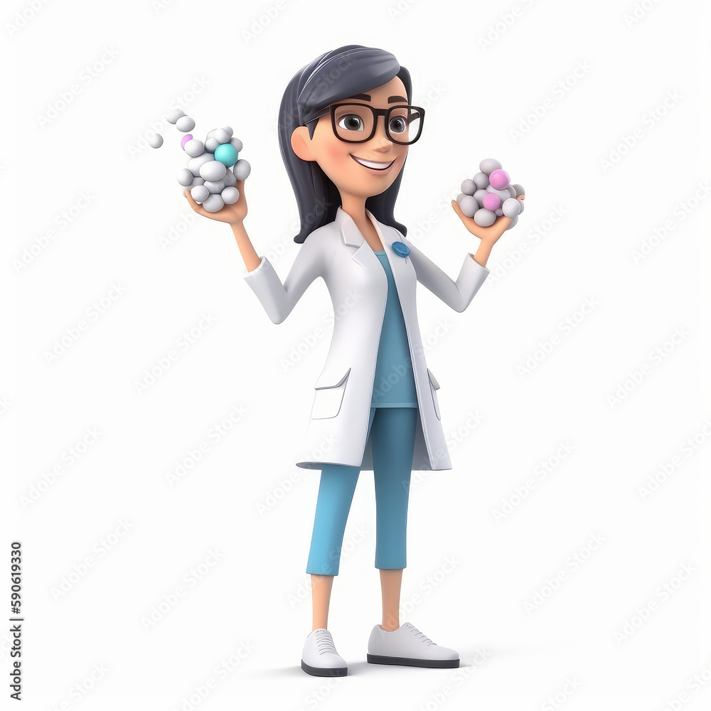 Fototapeta premium Happy female doctor character in full body holding a lot of colorful pills, cartoon style, Generative AI 