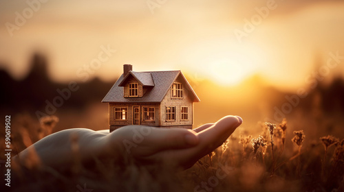 My precious home on the hands of a happy family and real estate investment and housing architecture and sunset background