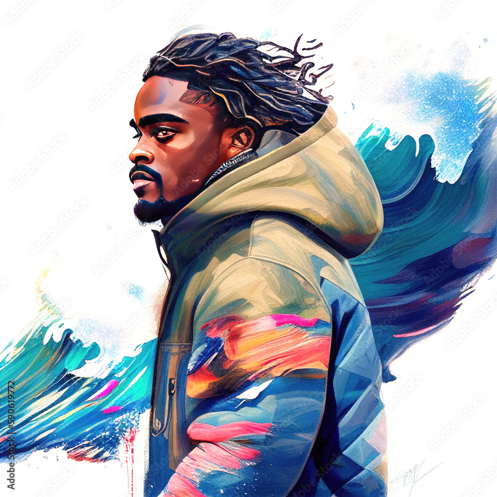 Fototapeta premium Portrait of a young black guy with long hair in watercolor style by Generative AI