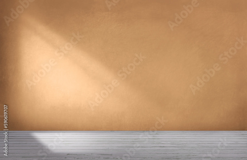 Home interior. Empty room, wooden floor, Yellow color painted wall and Texture, banner. 3d illustration. Empty room with sunlight from the window. 3d background or interior. Copy space.