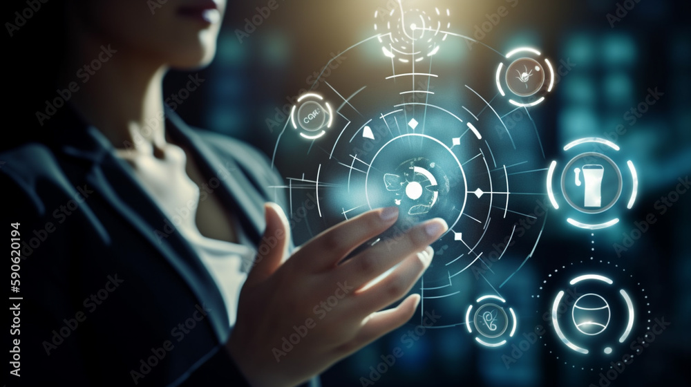Achievement and Business Goal Success Concept - Creative business people with icon graphic interface showing employee reward giving for business success achievement Generative AI Achievement and Business Goal Success Concept - Creative business people with icon graphic interface showing employee reward giving for business success achievement Generative AI
