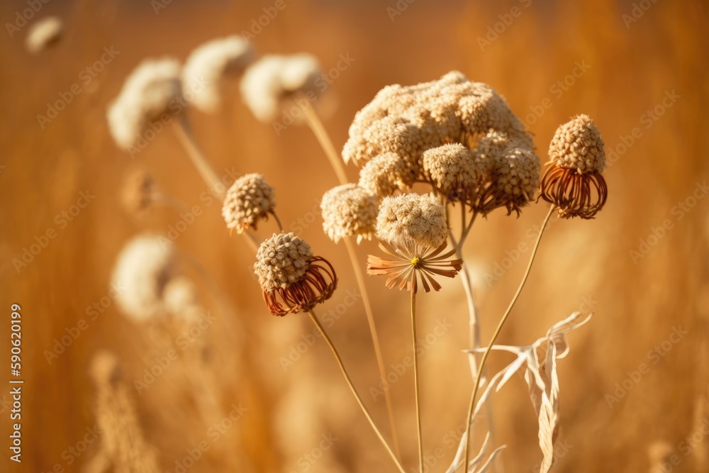 Dry grass, beige dried wild carrot flowers, and spikelets may be seen against a hazy backdrop. Generative AI Dry grass, beige dried wild carrot flowers, and spikelets may be seen against a hazy backdrop. Generative AI
