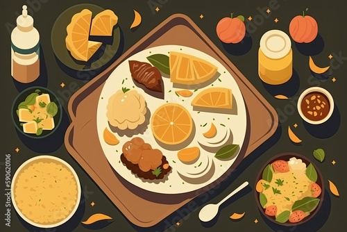 Iftar meal shown in a flat design. Generative AI