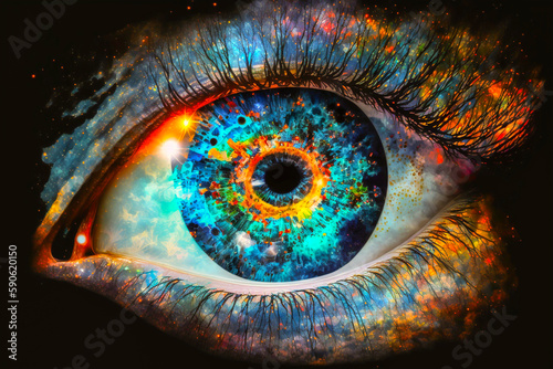Big eye in colorful paint effect. Conceptual abstract art. Vivid, creative, galaxy, artistic concept. Fictional person and place. Made with Generative AI