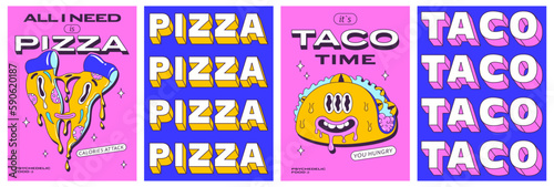 Trendy psychedelic posters set with funny fast food characters. Trippy pizza slice and crazy modern taco. Front and back side poster design. Vector illustration.