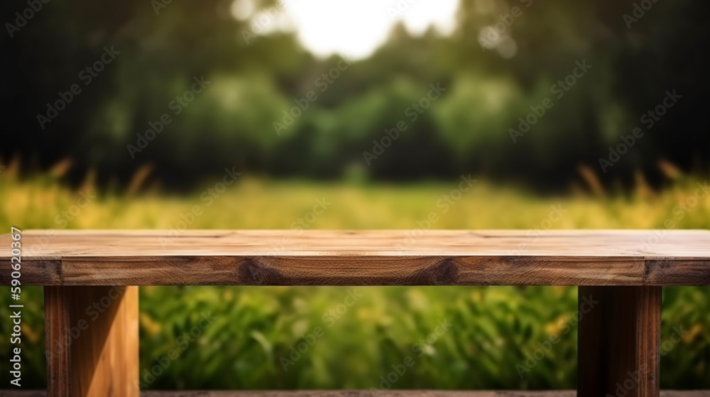 A wooden table product display with lush green garden background of grass and blurred foliage