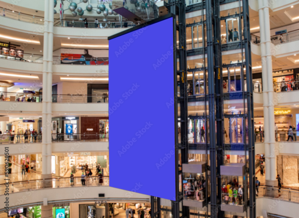 Blue screen LCD in shopping plaza empty for your design mockup
