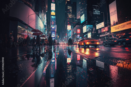 Futuristic Times Square New York with neon lights in an like an utopian city with cars