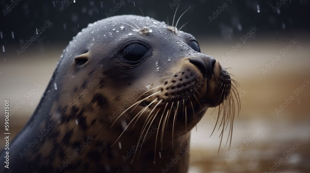 A cute seal on the beach in the rain.